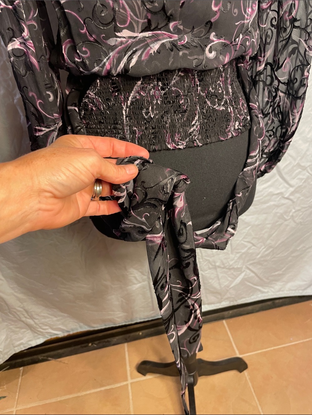 White House Black Market Black Sheer Blouse with Pink Scroll Print - Picture 10 of 12